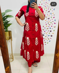 Women Red Cotton Kurta Pant set