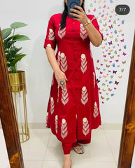 Women Red Cotton Kurta Pant set
