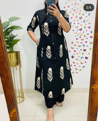 Women Black Cotton Kurta Pant set