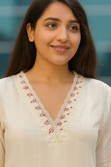 Women White Cotton Doby Embroidery Kurta Pant and Dupatta set