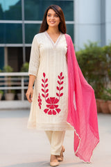 Women White Cotton Doby Embroidery Kurta Pant and Dupatta set