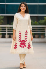 Women White Cotton Doby Embroidery Kurta Pant and Dupatta set