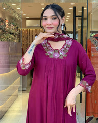 Women Magenta Embroidery M&S Cotton Kurta Pant and Mulmul Dupatta Set