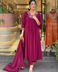 Women Magenta Embroidery M&S Cotton Kurta Pant and Mulmul Dupatta Set