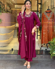 Women Magenta Embroidery M&S Cotton Kurta Pant and Mulmul Dupatta Set