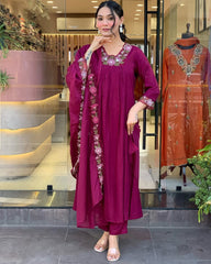 Women Magenta Embroidery M&S Cotton Kurta Pant and Mulmul Dupatta Set