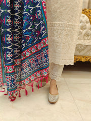 Women Off-White Chikankari Cotton Kurta Pant and Silk Dupatta set