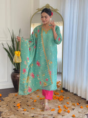 Women Mint Green Pure Simmer Jacquard Kurta Pant and Dupatta set