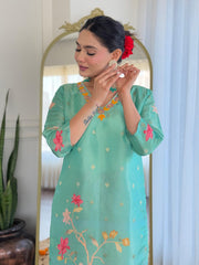 Women Mint Green Pure Simmer Jacquard Kurta Pant and Dupatta set