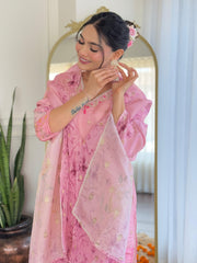 Women Pink Pure Simmer Jacquard Kurta Pant and Dupatta set