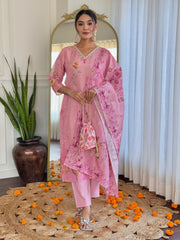 Women Pink Pure Simmer Jacquard Kurta Pant and Dupatta set
