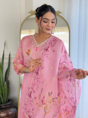Women Pink Pure Simmer Jacquard Kurta Pant and Dupatta set