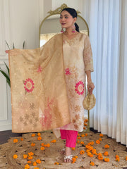 Women Beige Pure Simmer Jacquard Kurta Pant and Dupatta set