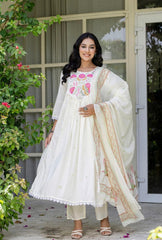 Women White Cotton Pink Embroidery Kurta Pant and Dupatta set