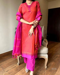 Premium South Handloom Cotton Temple border Reddish-Orange Kurta Pant and Dupatta set