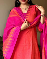 Premium South Handloom Cotton Temple border Reddish-Orange Kurta Pant and Dupatta set