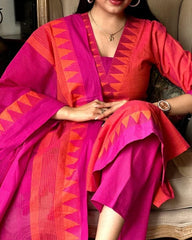 Premium South Handloom Cotton Temple border Reddish-Orange Kurta Pant and Dupatta set