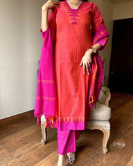Premium South Handloom Cotton Temple border Reddish-Orange Kurta Pant and Dupatta set