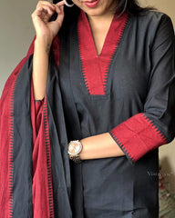 Premium South Cotton Black Kurta Pant and Dupatta set