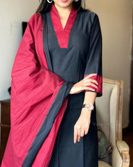 Premium South Cotton Black Kurta Pant and Dupatta set