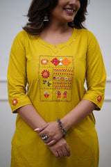 Women Yellow Cotton Embroidery Kurta Pant and Cotton Dupatta Set