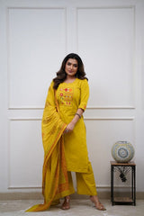 Women Yellow Cotton Embroidery Kurta Pant and Cotton Dupatta Set