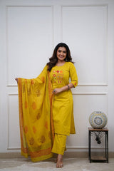 Women Yellow Cotton Embroidery Kurta Pant and Cotton Dupatta Set