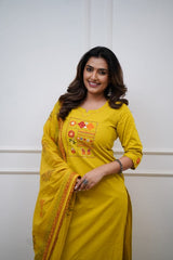 Women Yellow Cotton Embroidery Kurta Pant and Cotton Dupatta Set