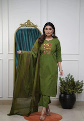 Women Green Cotton Embroidery Kurta Pant and Cotton Dupatta Set