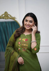 Women Green Cotton Embroidery Kurta Pant and Cotton Dupatta Set