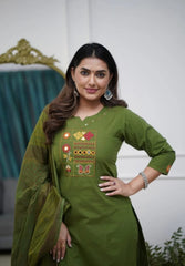 Women Green Cotton Embroidery Kurta Pant and Cotton Dupatta Set