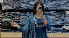 Women Teal Blue Cotton Embroidery Kurta Pant and Dupatta set