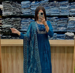 Women Teal Blue Cotton Embroidery Kurta Pant and Dupatta set