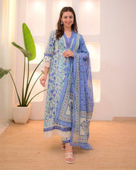 Women Blue Cotton Luxury Kurta Pant and Dupatta set