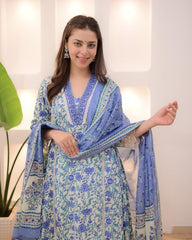 Women Blue Cotton Luxury Kurta Pant and Dupatta set