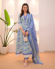 Women Blue Cotton Luxury Kurta Pant and Dupatta set