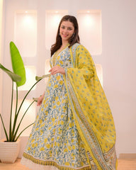 Women Sunflower Yellow Cotton Luxury Kurta Pant and Dupatta set