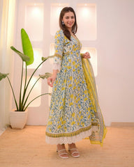 Women Sunflower Yellow Cotton Luxury Kurta Pant and Dupatta set