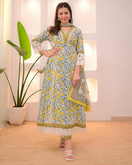 Women Sunflower Yellow Cotton Luxury Kurta Pant and Dupatta set