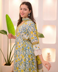 Women Sunflower Yellow Cotton Luxury Kurta Pant and Dupatta set