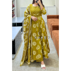 Women Arylide Yellow Cotton Shrug Pattern Kurta Pant and Dupatta set