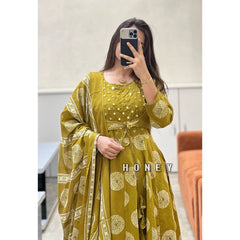 Women Arylide Yellow Cotton Shrug Pattern Kurta Pant and Dupatta set
