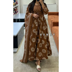 Women Earthy Brown Cotton Shrug Pattern Kurta Pant and Dupatta set