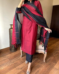 Premium South Handloom Cotton Temple border Red Kurta Pant and Dupatta set
