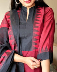 Premium South Handloom Cotton Temple border Red Kurta Pant and Dupatta set
