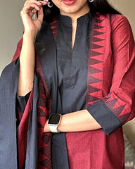 Premium South Handloom Cotton Temple border Red Kurta Pant and Dupatta set