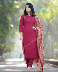 Premium Cotton Embroidery Pink Kurta Pant and Dupatta set