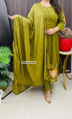 Women Green Cotton Embroidery Buttons Kurta Pant and Dupatta set