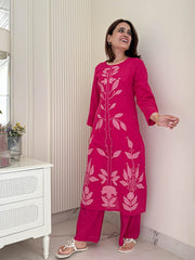 Women Pink Cotton Embroidery Kurta Pant set