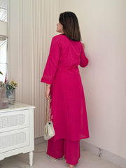 Women Pink Cotton Embroidery Kurta Pant set